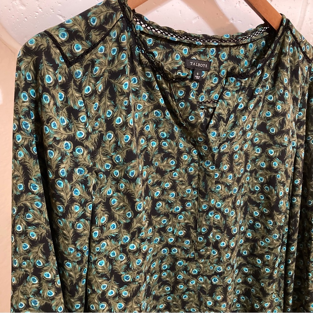 Talbots Peacock Feather Print Blouse - Black and Green